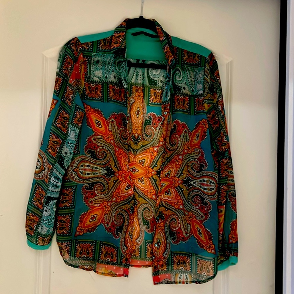 Long sleeved gorgeous teal and patterned blouse  excellent condition